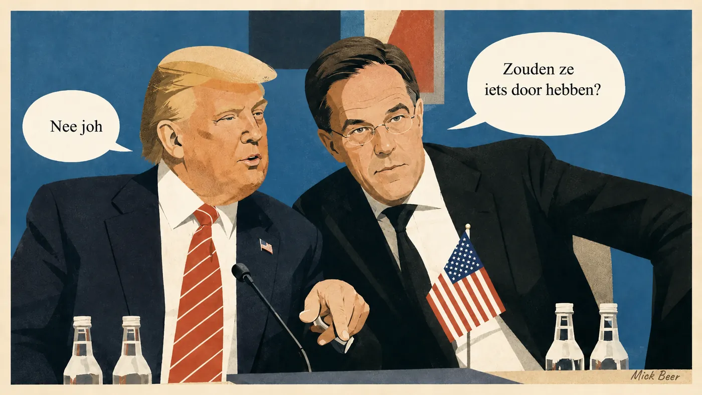 Spotprent van Mick Beer: Trump en Rutte aan een persconferentietafel. Trump zegt 'Nee joh', Rutte vraagt 'Zouden ze iets door hebben?'